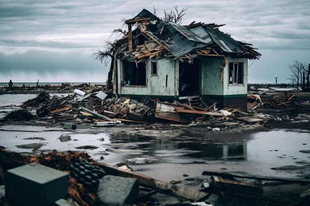 People in scenes with extreme weather conditions flood some houses destroyed and trees fallen