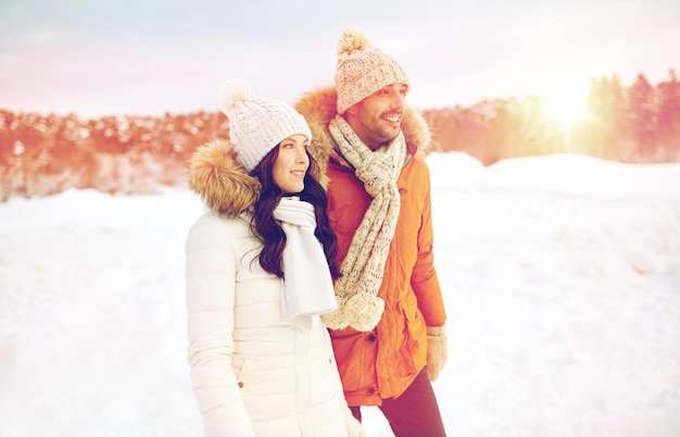 people, season, love and leisure concept - happy couple walking over winter background