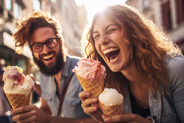 Люди делятся смехом и рожками мороженого