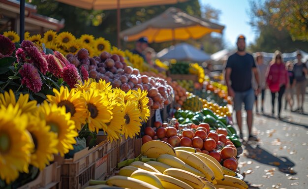 People shopping at farmers market with variety of fresh fruits and vegetables