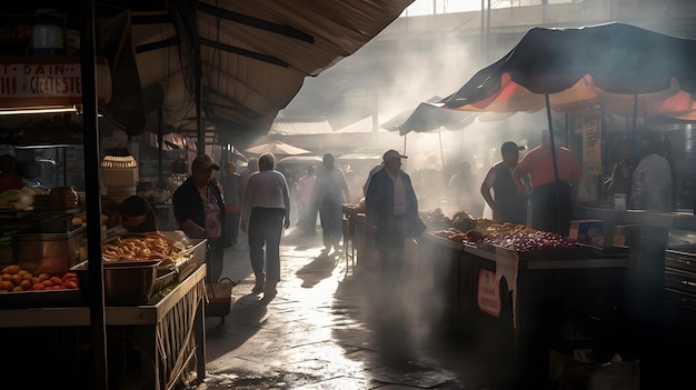 People shopping in a market with smoke coming from the roof