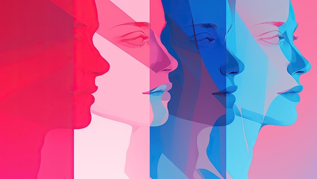 people silhouette concept against red blue and pink background