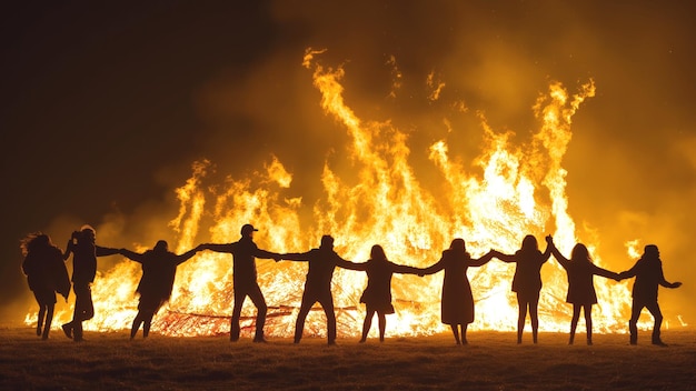 写真 人々のシルエットが夜に休日に燃える火の周りに踊っている