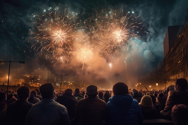 People silhouettes looking at colorful firework at night sky Generative AI