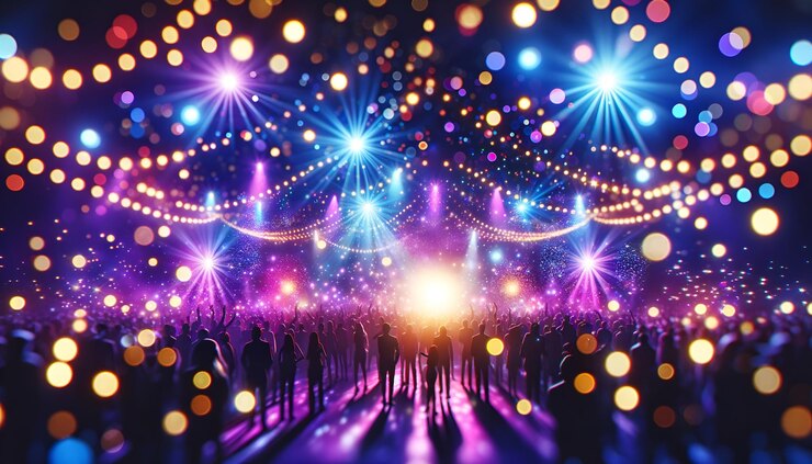 फोटो people silhouettes at music festival with beautiful lights background