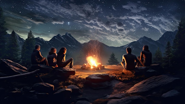 人々は夜、山でキャンプファイヤーの周りに座っています。