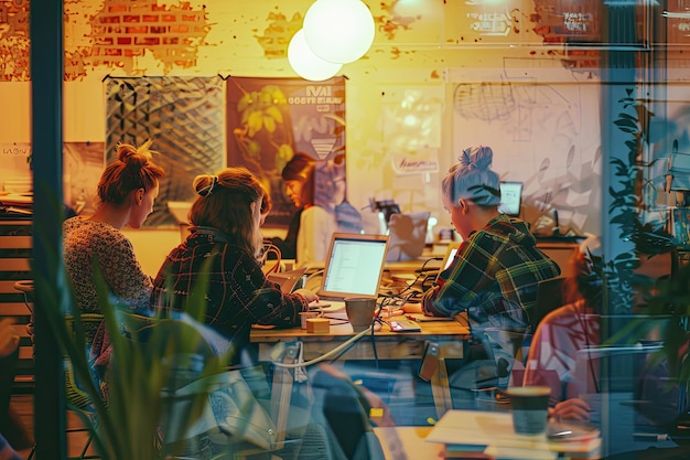 People sit at a computer desk with paperwork