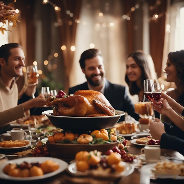 11 月 23 日の感謝祭のテーブルと収穫祭に人々が座る 生成 AI
