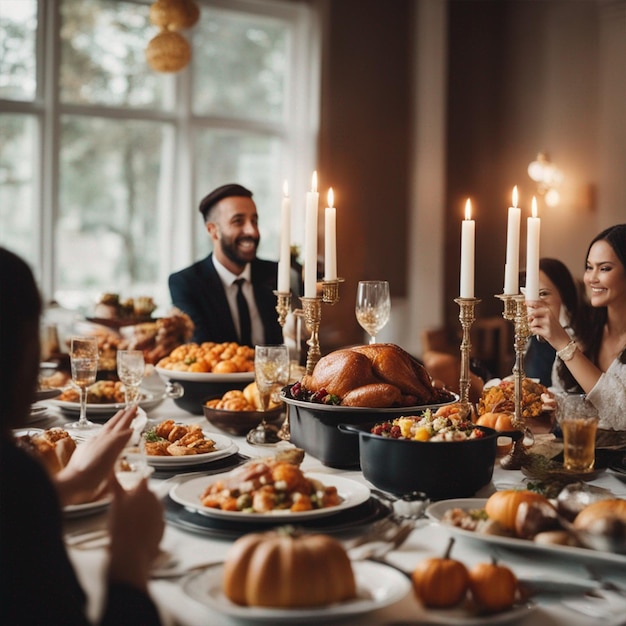 11 月 23 日の感謝祭のテーブルと収穫祭に人々が座る 生成 AI