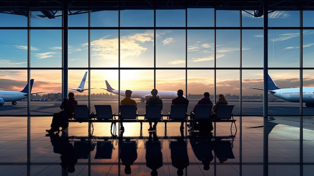 People sitting in airport chairs airplane in view through window