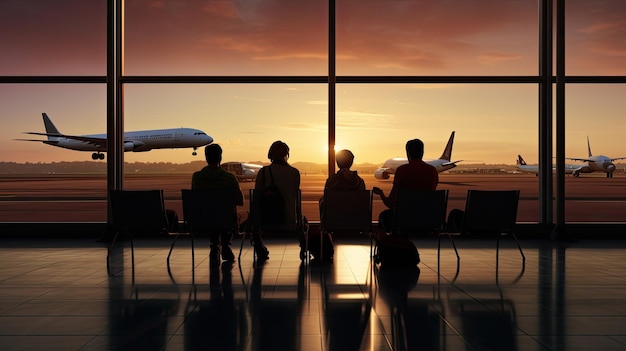 Люди, сидящие в креслах аэропорта, видят самолет через окно