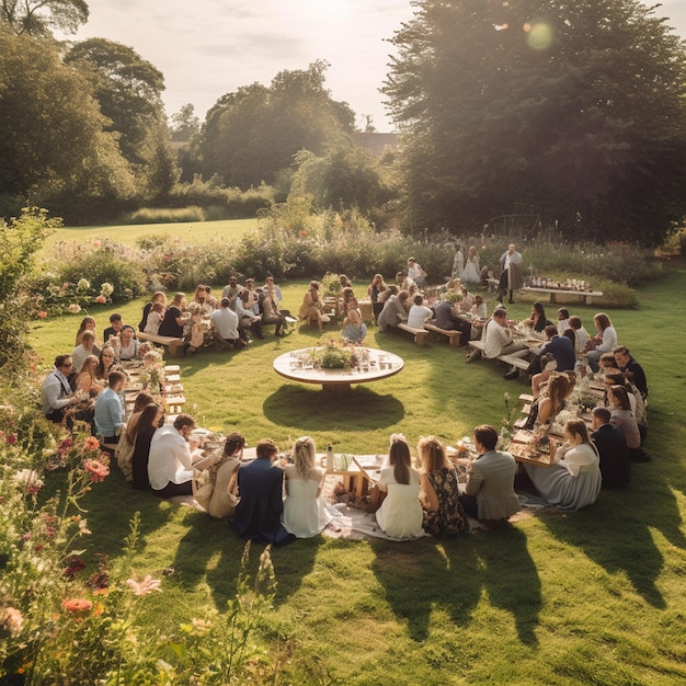 Foto persone sedute attorno a un tavolo circolare in un giardino con un sacco di fiori generativa ai