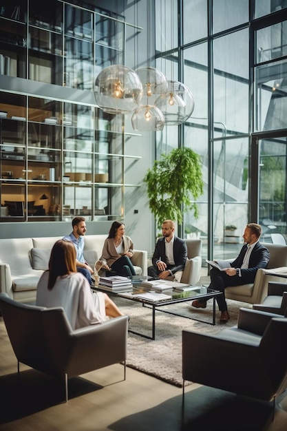 people sitting around a table with a plant in the background