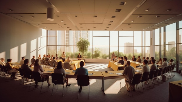 Foto people sitting at tables in a large room with large windows generative ai