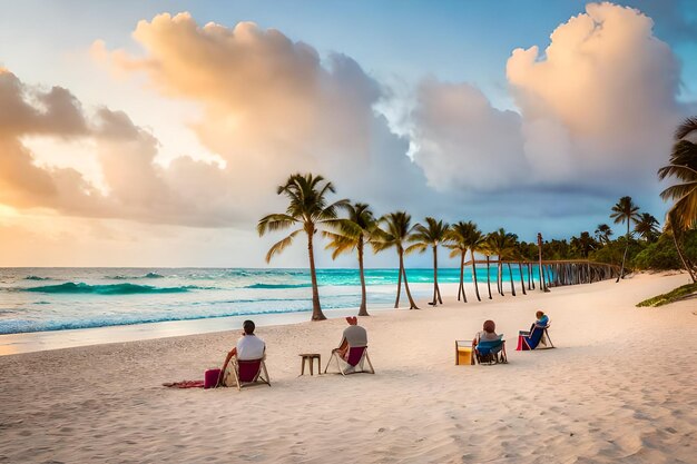 People sitting on the beach and looking at the ocean