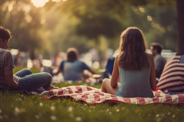 People sitting on a blanket in a park, one of them is wearing a blue shirt and the other is wearing a blue shirt.