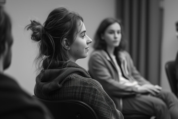 People sitting in chairs with therapists in the style of loose gestures