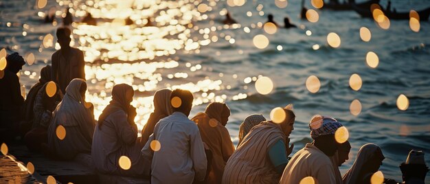 Photo people sitting on a dock watching the sun set over the water