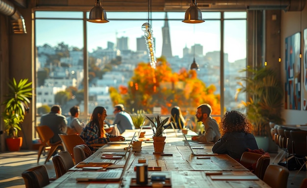 Photo people sitting at long wooden table in restaurant with view of the city