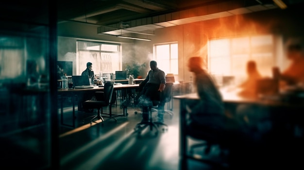 People sitting in an office with a lit window behind them.