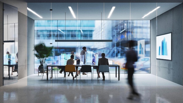 People sitting at a table in a meeting room with a large window that says'the word'on it