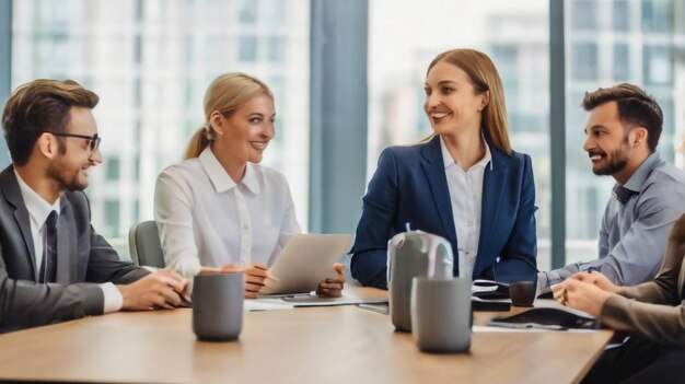 people sitting at a table with a tablet and a sign that says  business