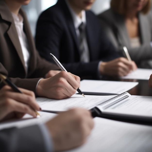 People sitting at a table writing on a piece of paper.