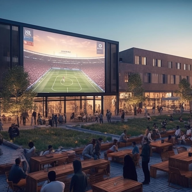 People sitting at tables in a courtyard watching a soccer game generative ai