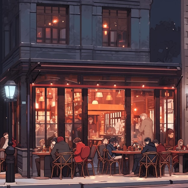 People sitting at tables outside a restaurant at night generative ai