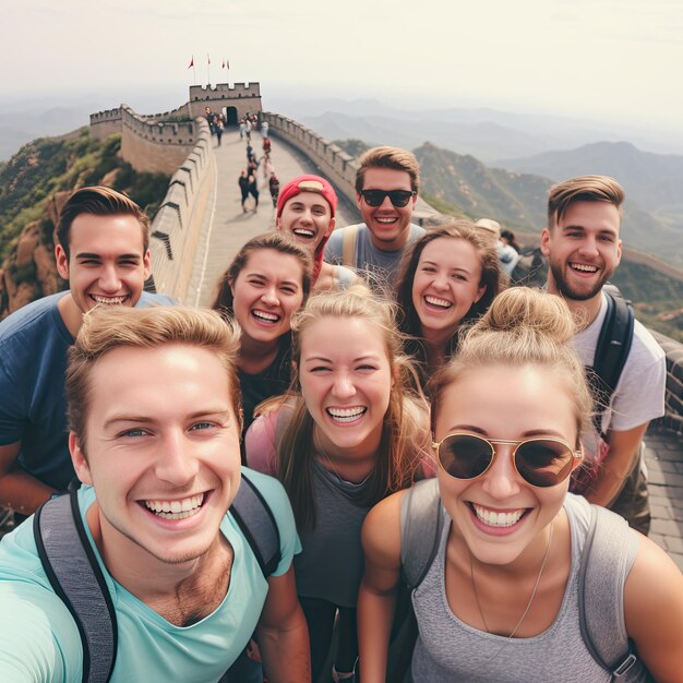 Foto gente che sorride davanti alla grande muraglia cinese