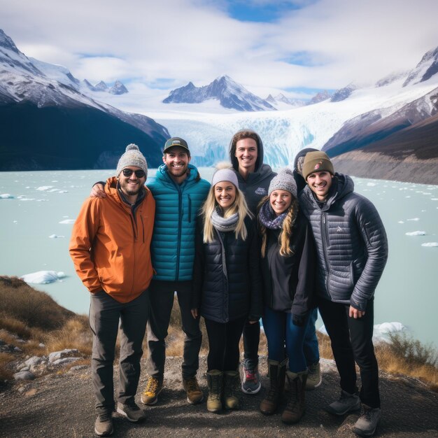 Photo people smiling in front of grey glacier in patagonia