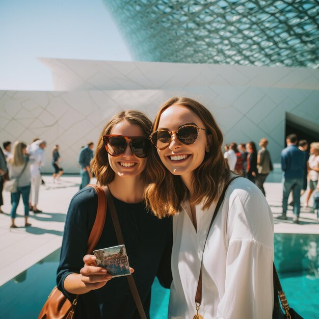 Foto gente che sorride davanti al louvre ad abu dhabi