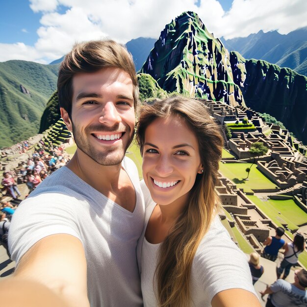 people smiling in front of Machu Picchu in Peru