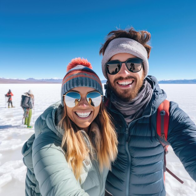 Foto persone che sorridono davanti al salar de uyuni in bolivia