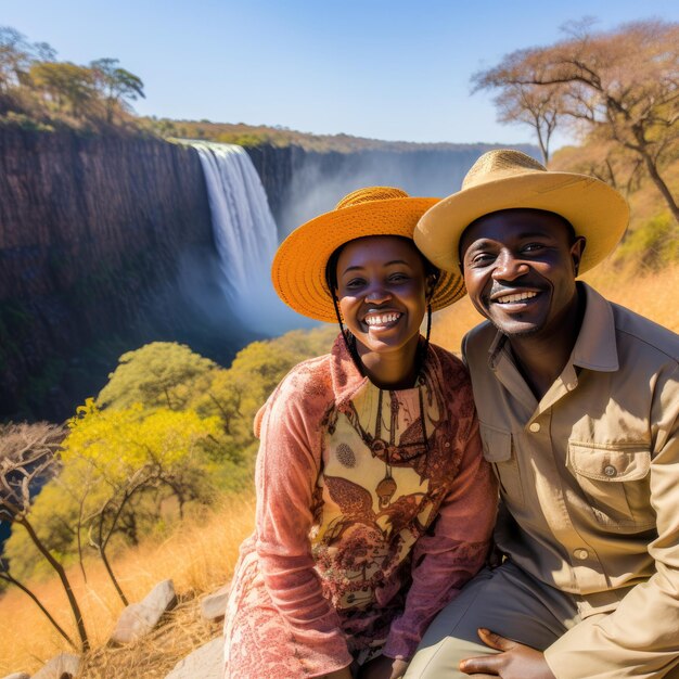 Photo people smiling in front of victoria falls in zambia and zimbabwe