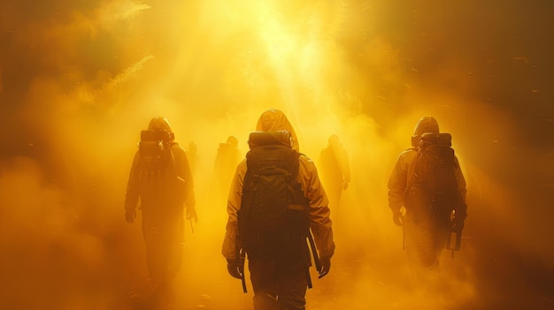 people in smoke in gas masks