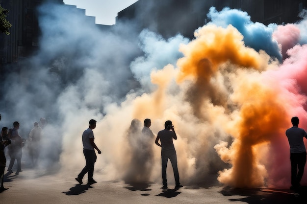 Foto la gente nel fumo, la gente nel fiume.