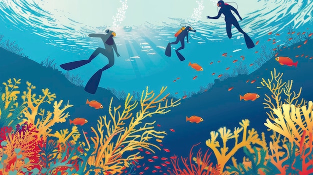 people snorkeling in shallow waters vibrant coral reefs below them cartoon flat color