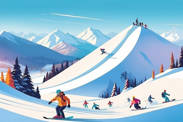 People snowboarding and riding tubing at ski resort Skiers and snowboarders rolling from snowy mountain slope