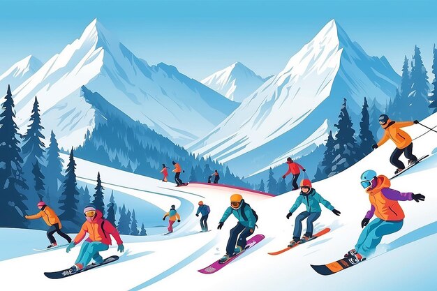 Photo people snowboarding and riding tubing at ski resort skiers and snowboarders rolling from snowy mountain slope