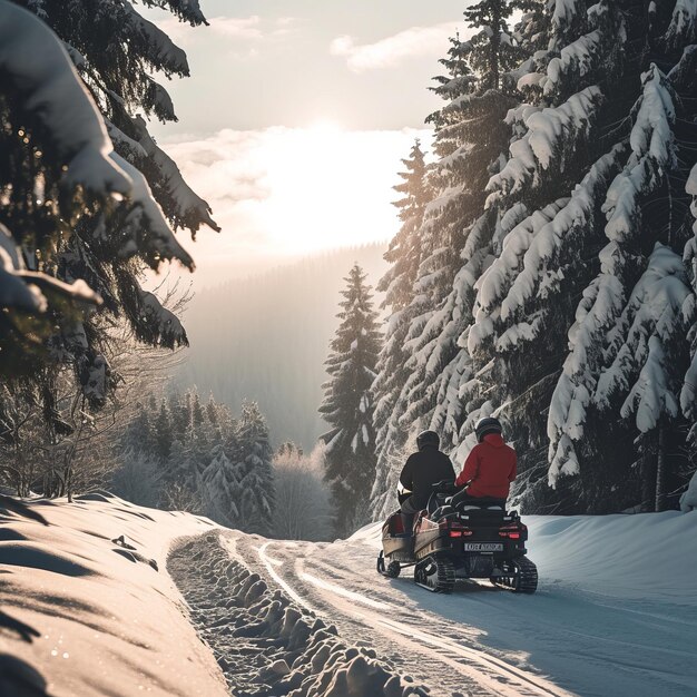 Foto persone su una motoslitta nella neve