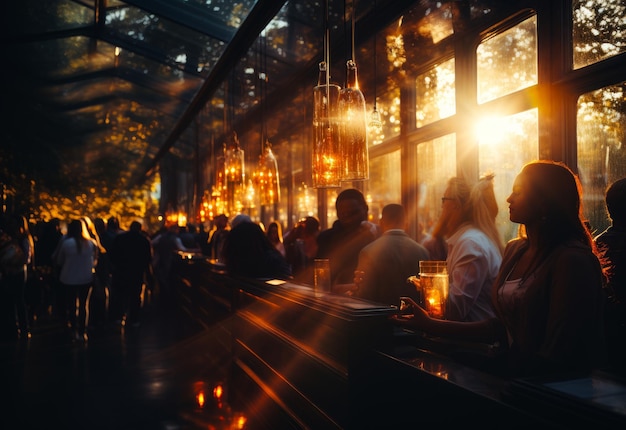 People socializing at a bar A group of people sitting at a bar