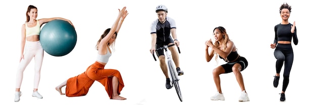 People sports bike yoga squats running fitness exercises collage isolated white background