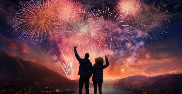 People stand on hilltop to see the fireworks in the city