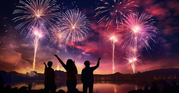 People stand on hilltop to see the fireworks in the city