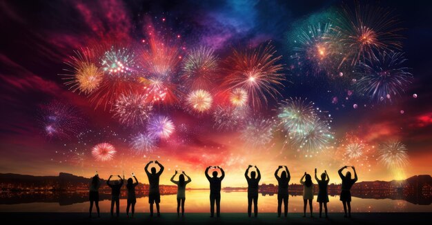 People stand on hilltop to see the fireworks in the city