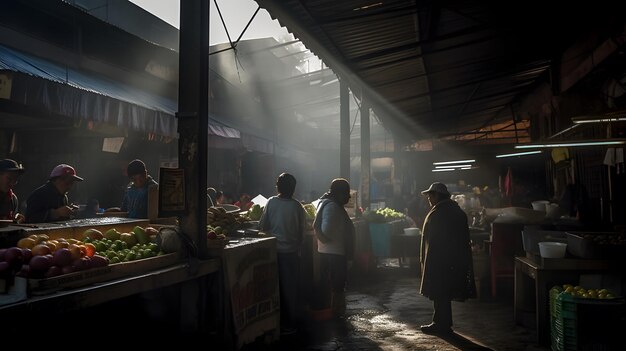 Photo people stand in a market with a light shining on them.