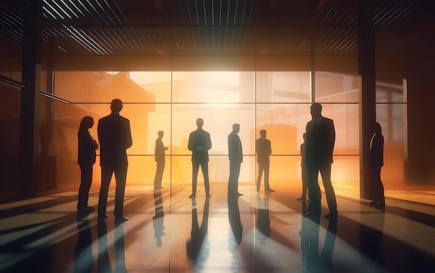 People standing in a building with a bright orange background.