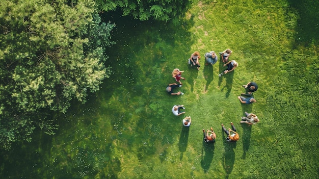 People standing in a circle on the grass field from above