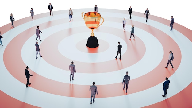 People standing in a circle with a trophy on it